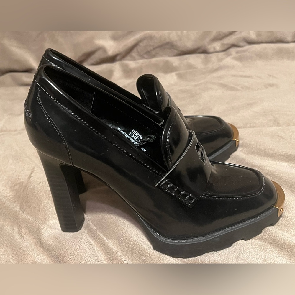 Karl Lagerfeld Black Patent Loafer Heels with Gold Toe Accent